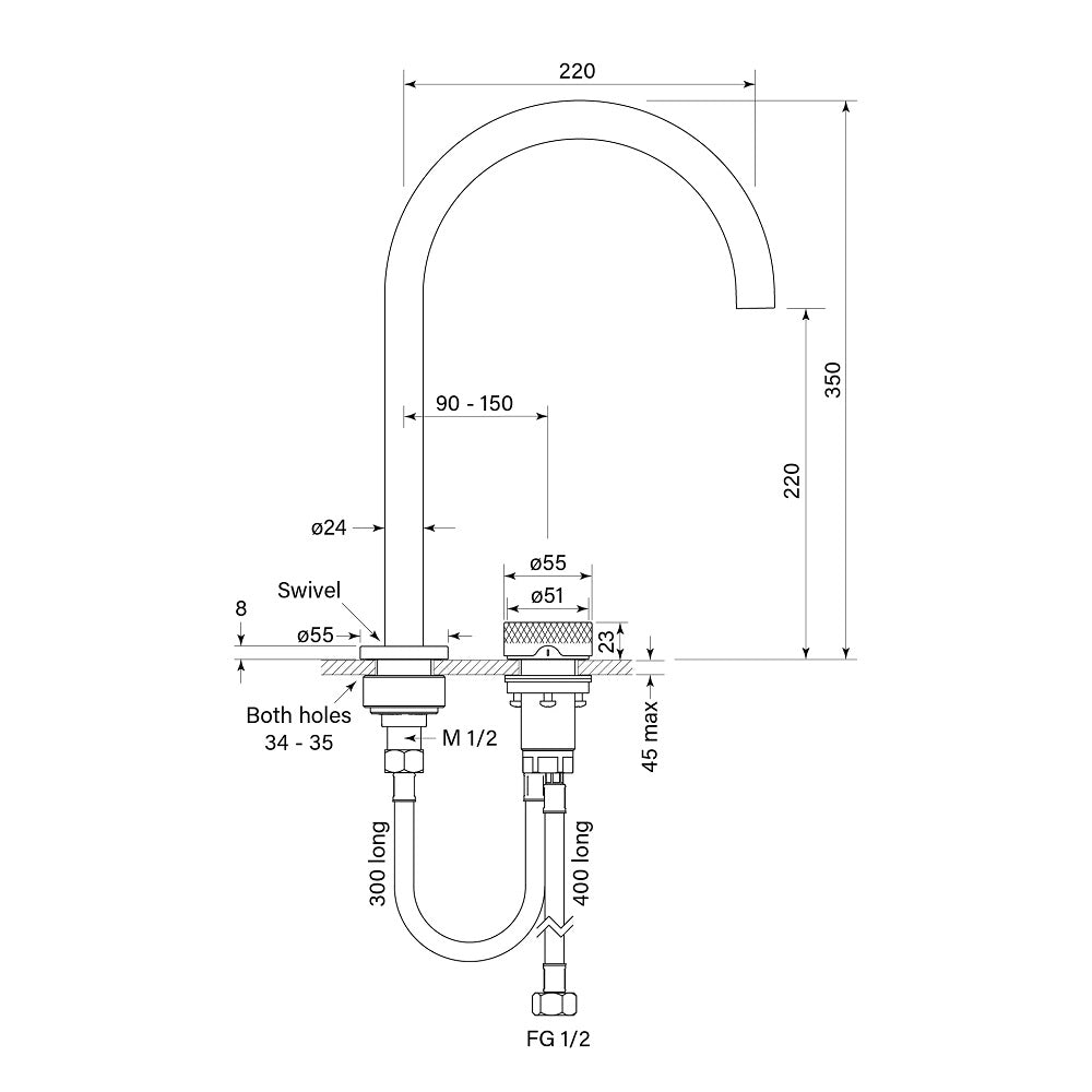 Faucet Strommen Zero Progressive Hob Bath Mixer Set -Knurl - Dimensions