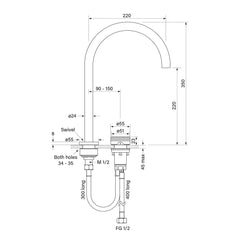 Faucet Strommen Zero Progressive Sink Mixer Set - Knurl - Dimensions