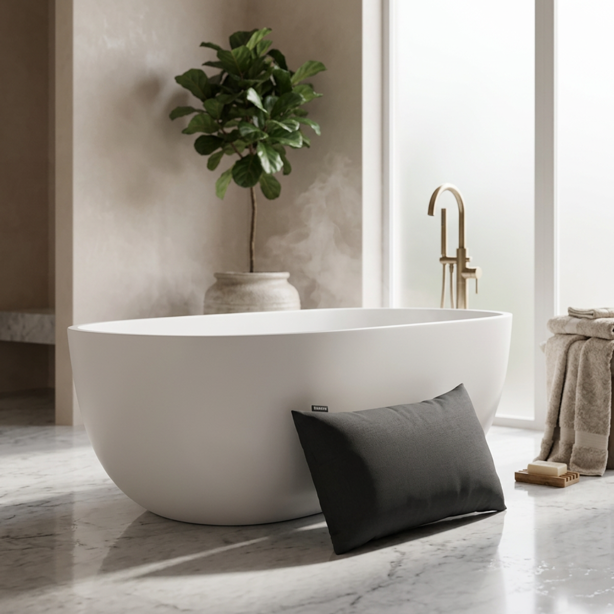 kaldewei bath pillow sitting next to bath 