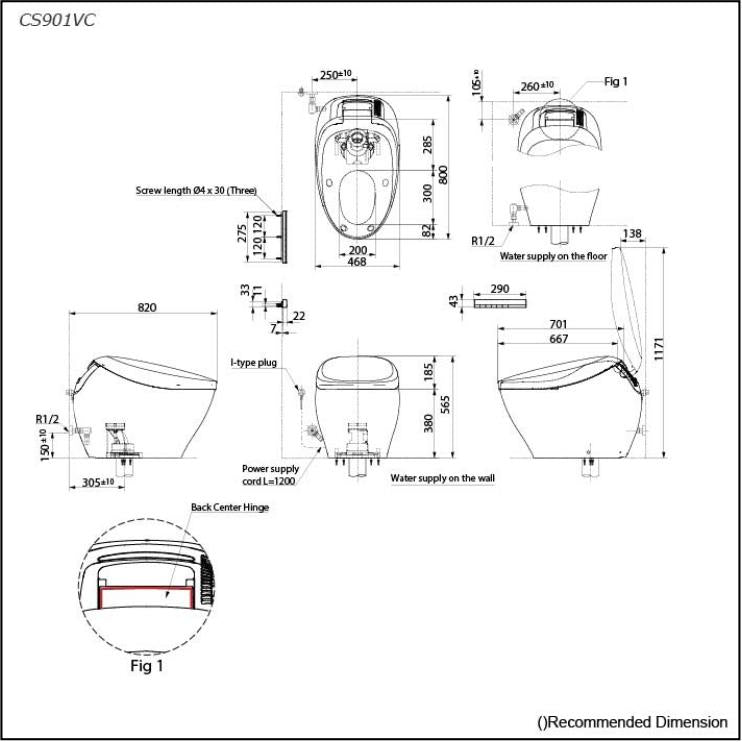 Toto Neorest NX II Smart Toilet Gold - Specification Photo