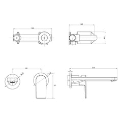 Argent Evoke Wall Mounted Basin or Bath Mixer Set + Plate - Dimensions