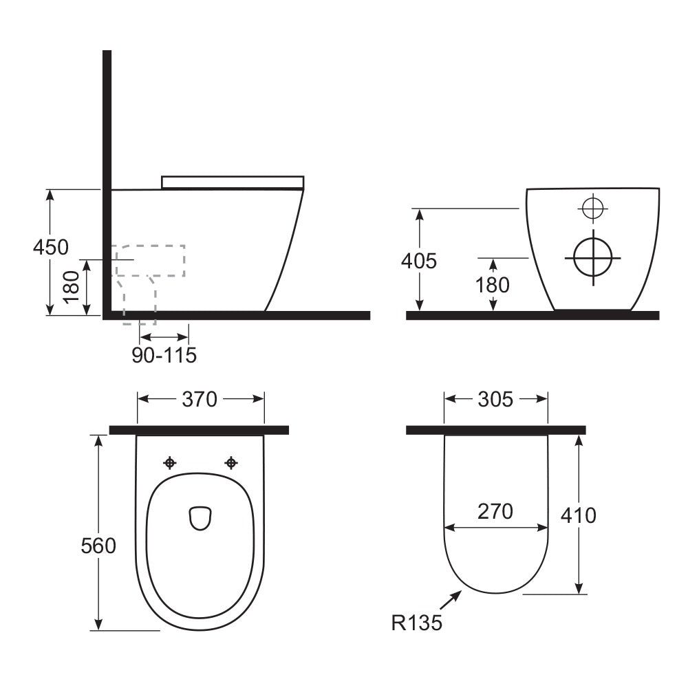 Argent Grace HygienicFlush Wall Faced Toilet - Dimensions