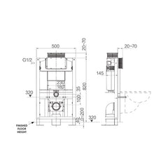 Argent Low Level In Wall Cistern & Frame - Dimensional