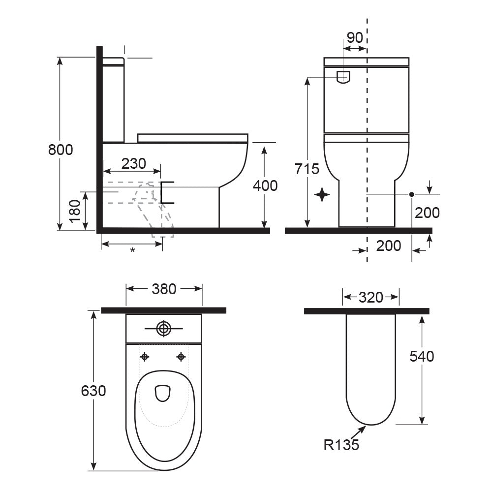 Argent Pace Hygienic Flush BTW Toilet Suite - Dimensions