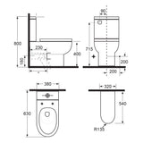 Argent Pace Hygienic Flush BTW Toilet Suite - Dimensions