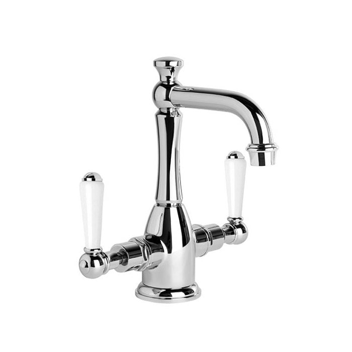 Brodware Neu England Twin Lever Basin Mixer - Country Spout - White Handles