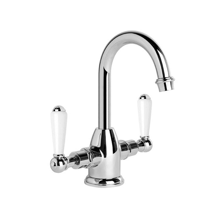 Brodware Neu England Twin Lever Basin Mixer - Gooseneck Spout - White Levers