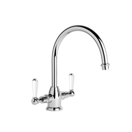 Brodware Neu England Twin Lever Kitchen Mixer - Gooseneck Spout - White Lever