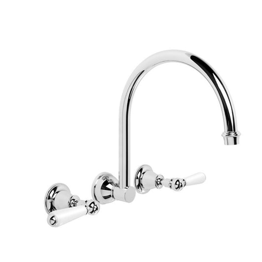 Brodware Neu England Wall Mounted Tapset - Gooseneck Spout - White Levers