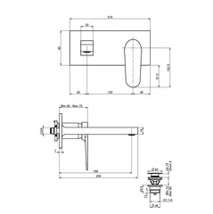 FIMA Next Wall Mounted Mixer Set - 205mm Spout - Dimensions