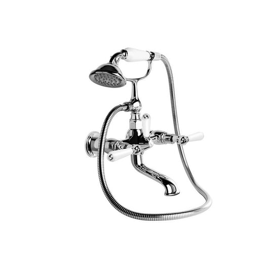 Brodware Neu England Bath Mixer with Handshower - Wall Mounted - White Levers