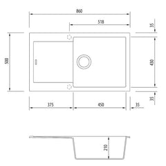 Oliveri Santorini Black Large Single Bowl Topmount Sink - Dimensions