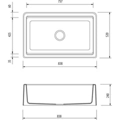 Oliveri Santorini Black Single Bowl Farmhouse Sink - Dimensions