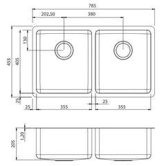 Oliveri Sonetto Double Bowl Universal Sink - Dimensions