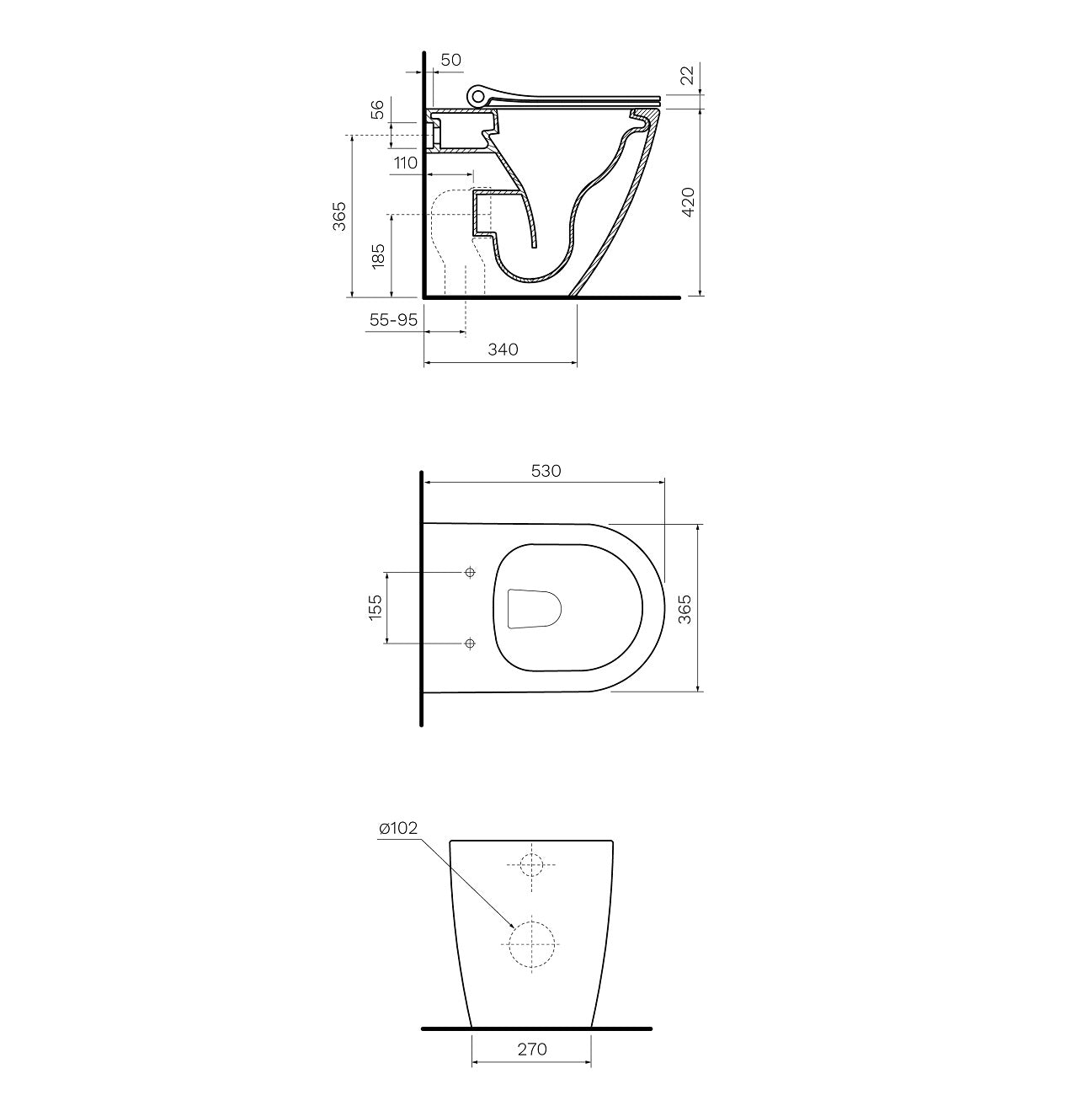 Parisi Ellisse MKII Wall Faced Toilet & Pressalit Seat - Dimensions