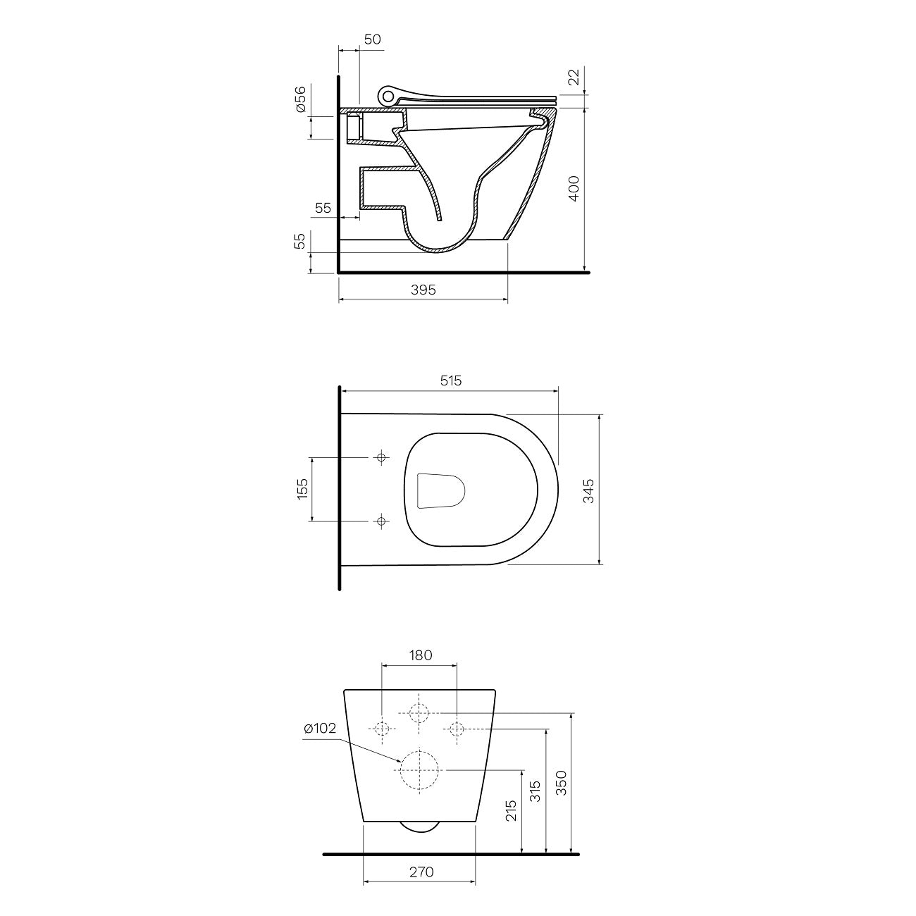Parisi Ellisse MKII Wall Hung Toilet & Pressalit Seat - Dimensions