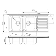 Reginox Monarch 1160 Double Stainless Steel Sink - Dimensions