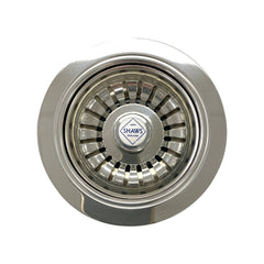 A Shaws 90mm sink basket strainer with a chrome finish and stainless steel construction, featuring a ceramic insignia on the central grille.