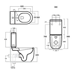 Studio Bagno Milady Rimless Back To Wall Toilet Suite - Dimensions