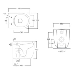 Studio Bagno Milady Rimless Wall Faced Pan - Dimensions