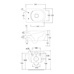 Studio Bagno Milady Rimless Wall Hung Toilet - Dimensions