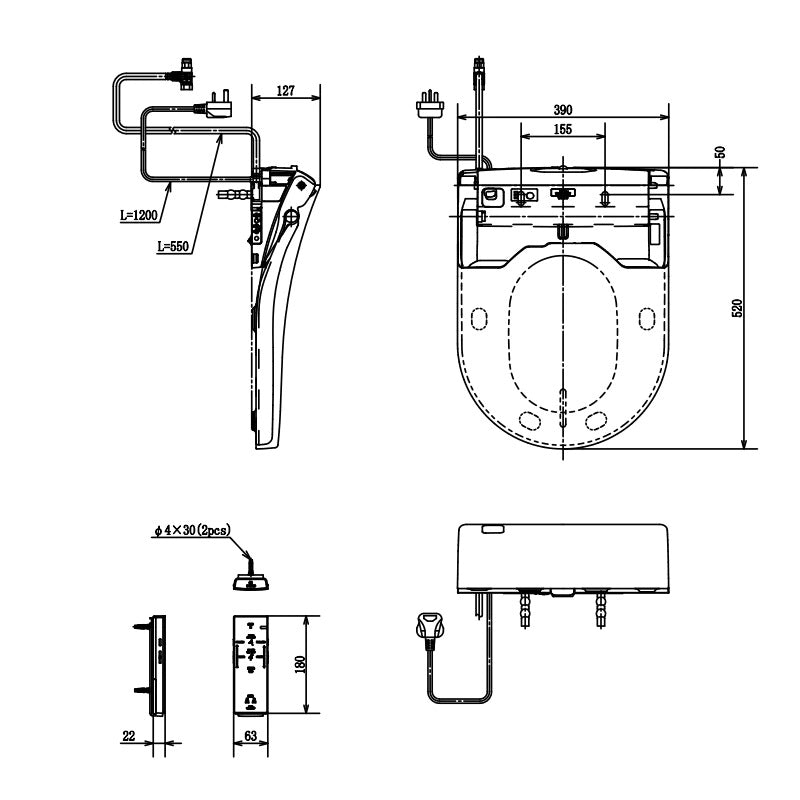 Toto Washlet with Remote Control - D Shape Seat - Dimensions