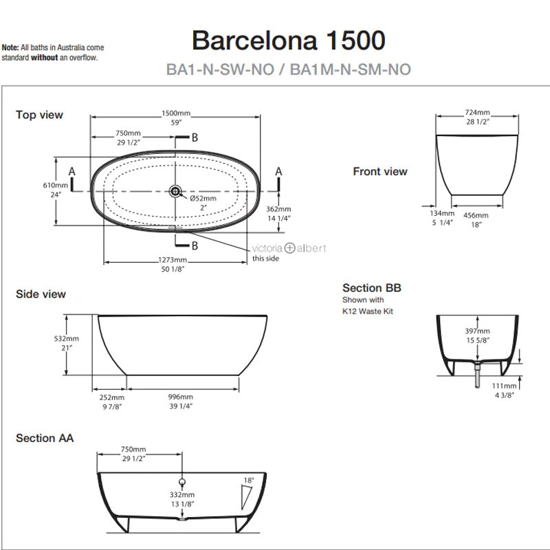 Victoria & Albert Barcelona Freestanding Bath 1500 - Dimensions