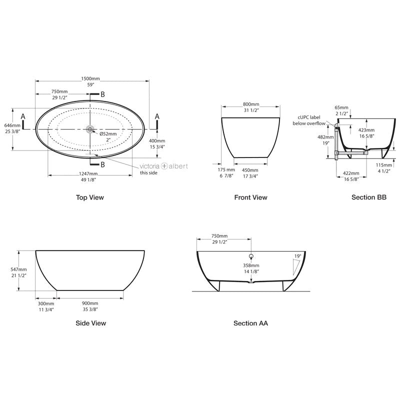 Victoria & Albert Corvara Freestanding Bath - Dimensions