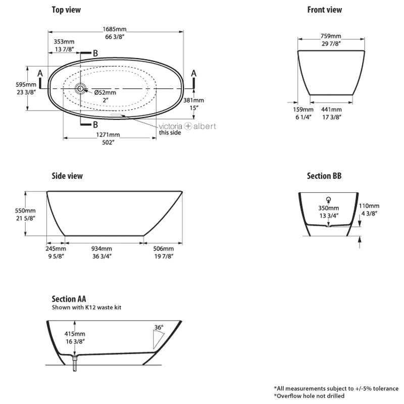 Victoria & Albert Mozzano 2 Freestanding Bath - Dimensions