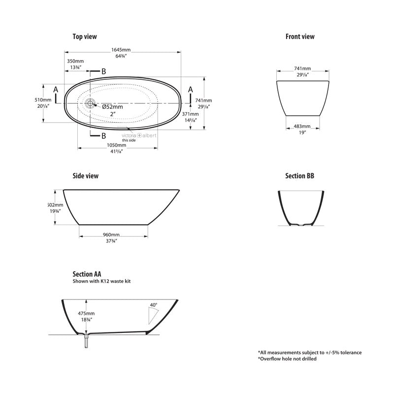 Victoria & Albert Mozzano Freestanding Bath - Dimensions
