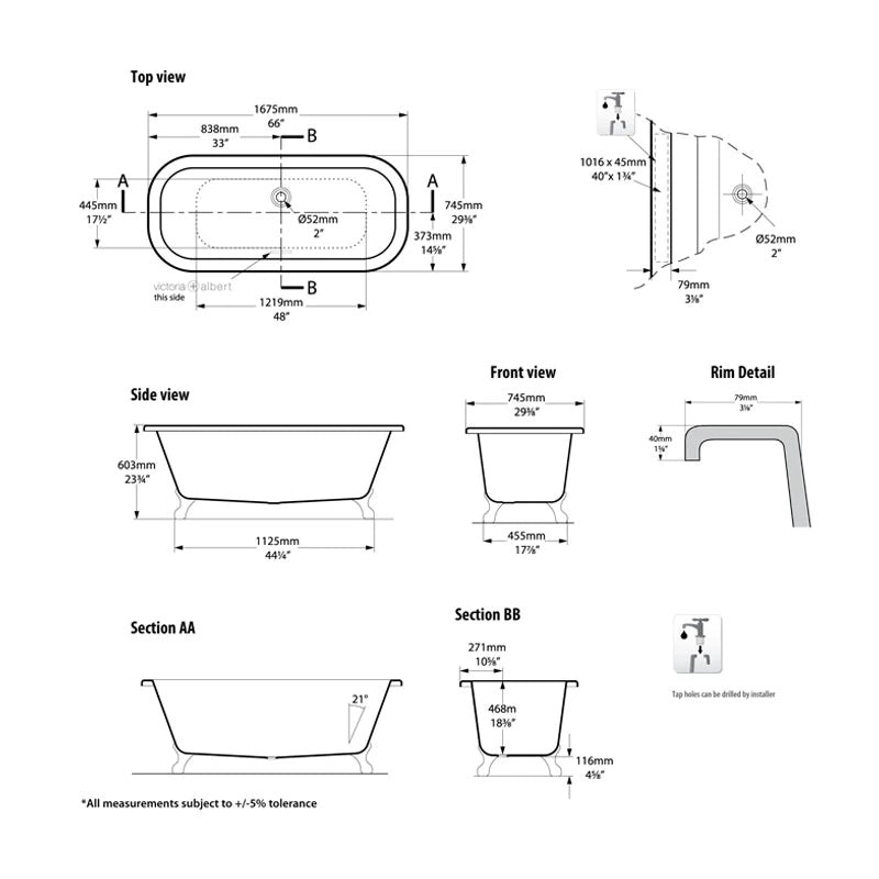 Victoria & Albert Richmond Freestanding Bath - Dimensions