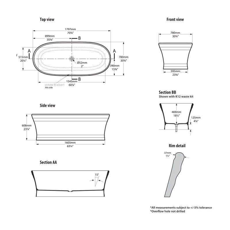 Victoria & Albert Worcester Freestanding Bath - Dimensions