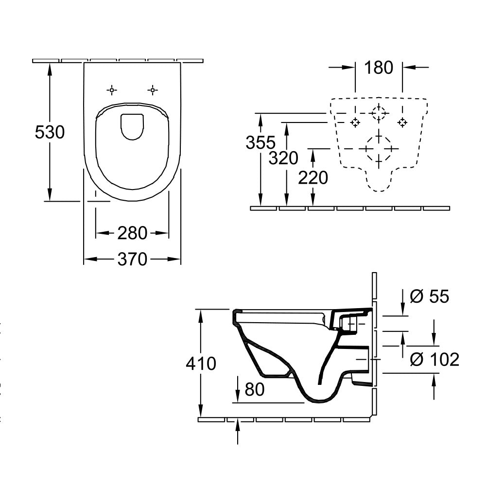Villeroy & Boch Architectura 3.0 DirectFlush Wall Hung Toilet - Dimensions