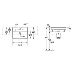 Villeroy & Boch Avento 550 Semi Recessed Basin - Dimensions