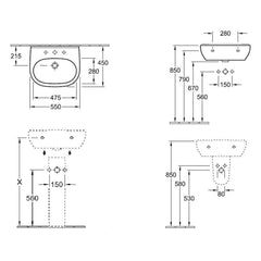 Villeroy & Boch O.Novo 550 Wall Hung Basin - Dimensions