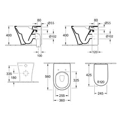 Villeroy & Boch O'Novo 2.0 Wall Faced Toilet - Dimensions
