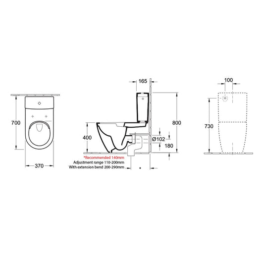 Villeroy & Boch Subway 3.0 TwistFlush BTW Toilet Suite - Dimensions
