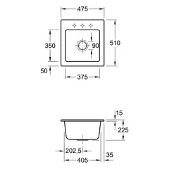 Villeroy & Boch Subway XS Inset Bar Sink - Dimensions