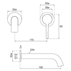 Villeroy & Boch Vita Wall Mounted Basin Mixer Set - Dimensions