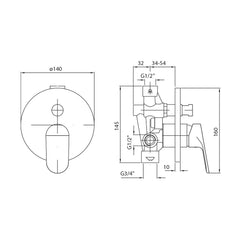 Zucchetti Bath or Shower Wall Mixer with Diverter - Dimensions