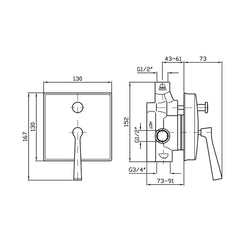 Zucchetti Bellagio Bath or Shower Wall Mixer with Diverter - Dimensions