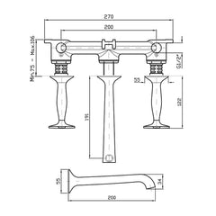 Zucchetti Bellagio Wall Mount Basin Tap Set - Cross Handles - Dimensions