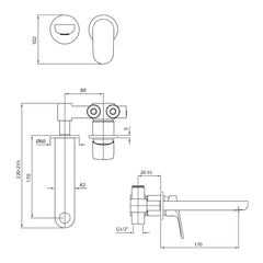 Zucchetti Nikko Wall Mounted Basin Mixer Set - 180mm Spout - Dimensions